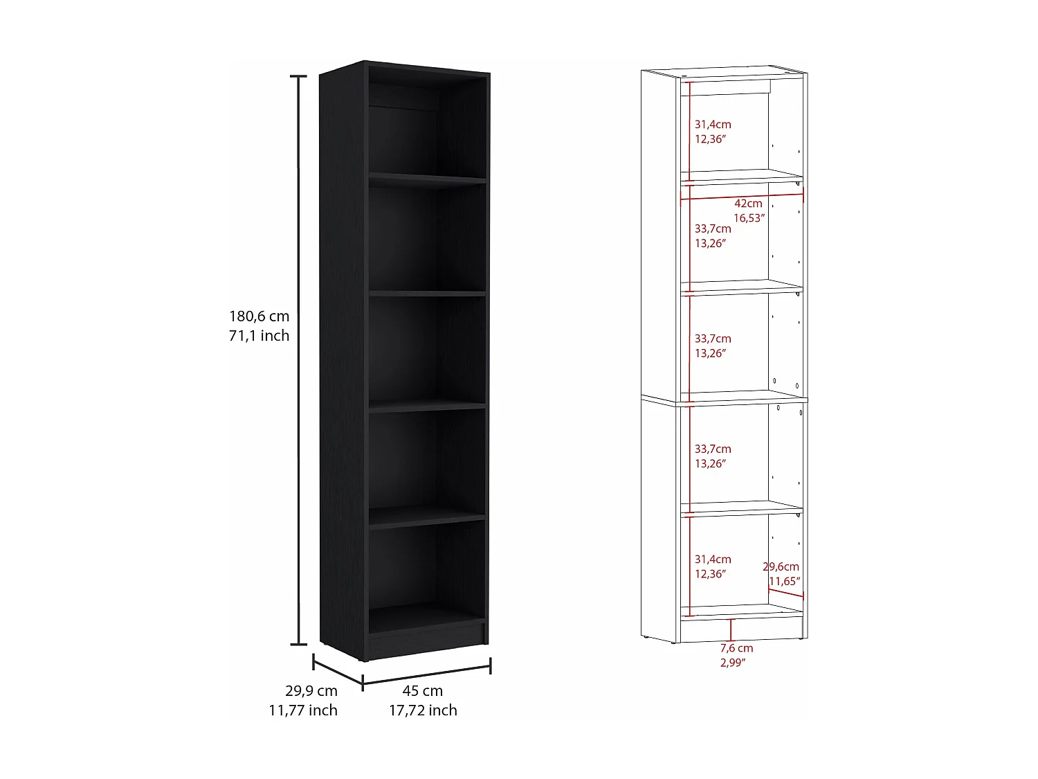 Librería Home Xs en Melamina, con estantes de 5 niveles y diseño delgado , 180.59 cm  X 45 cm  X 29.89 cm  , Negro