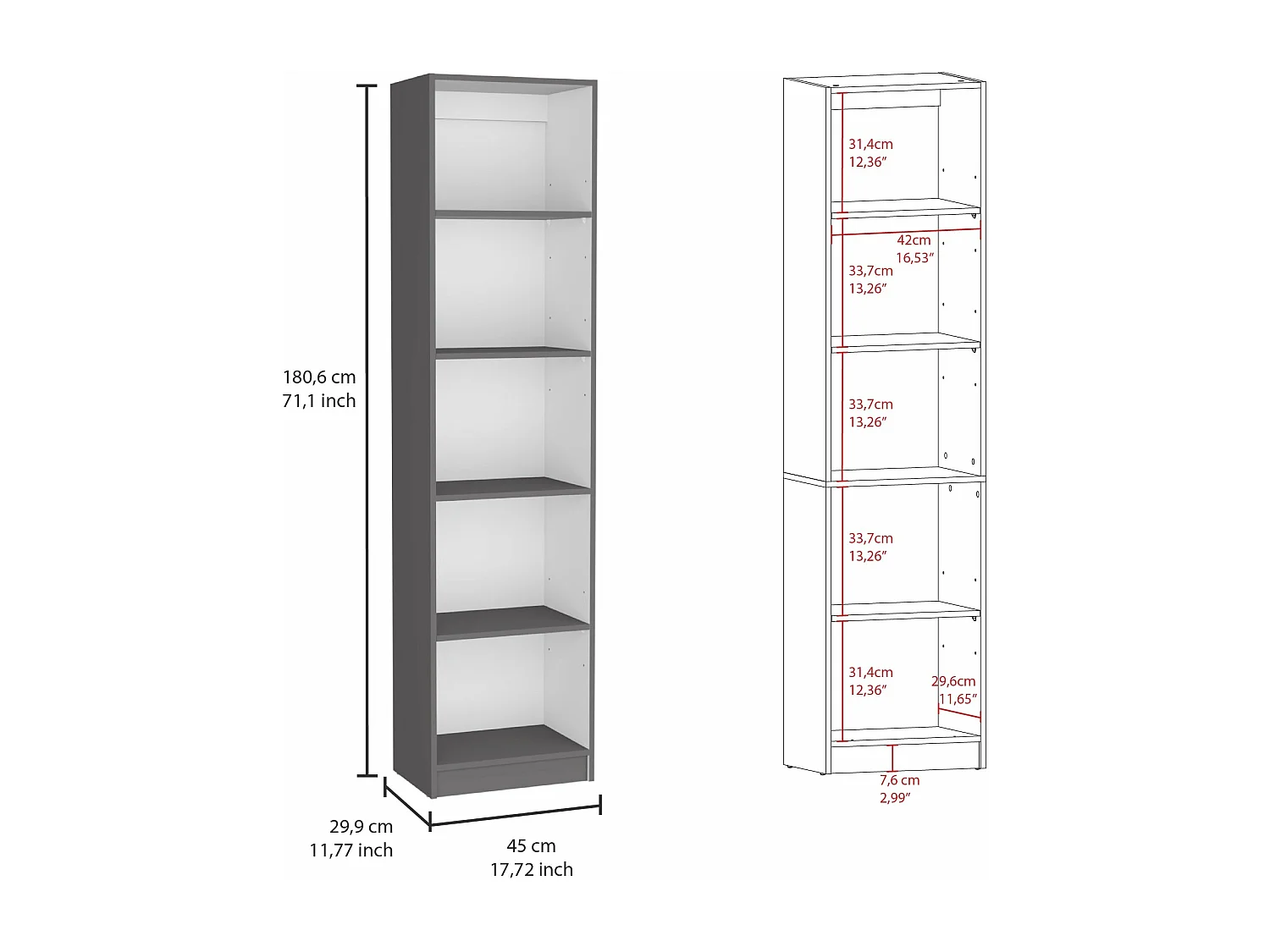 Home Xs Libreria in melamina, con 5 ripiani e design sottile 180.60 cm X 45 cm X 29.89 cm , Multicolore