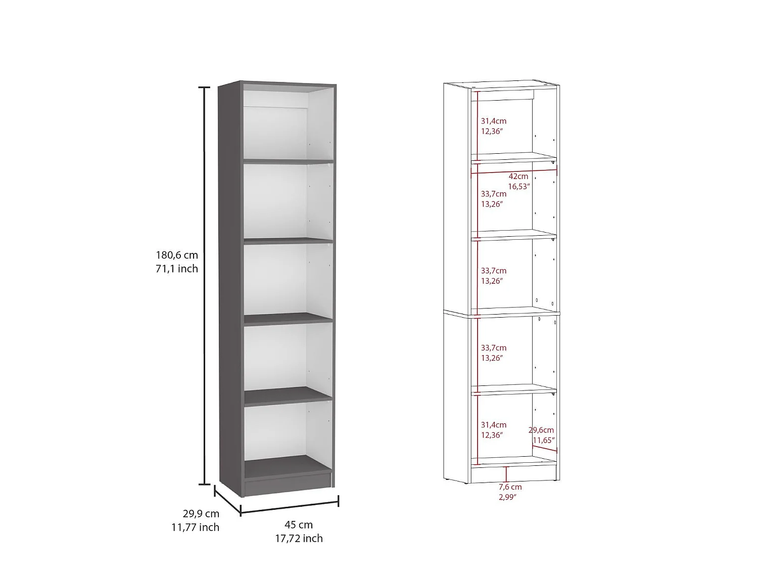 Estante Home de 180 cm, cinzento chumbo e branco
