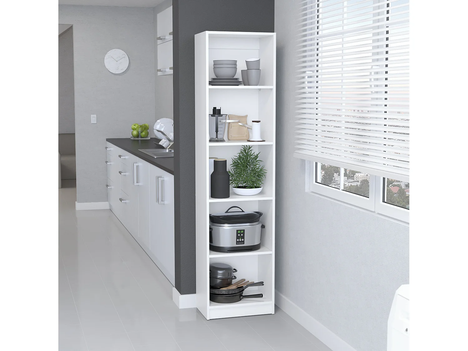 Home Xs Libreria in melamina, con 5 ripiani e design sottile , 180.59 cm X 45 cm X 29.89 cm , Bianco