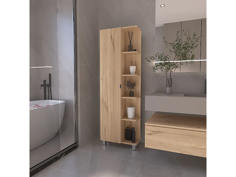 Colonna bagno Uranus in melaminico, con cinque ripiani esterni e quattro ripiani interni , 158 cm X 51.18 cm X 21.46 cm , Grigio / argento