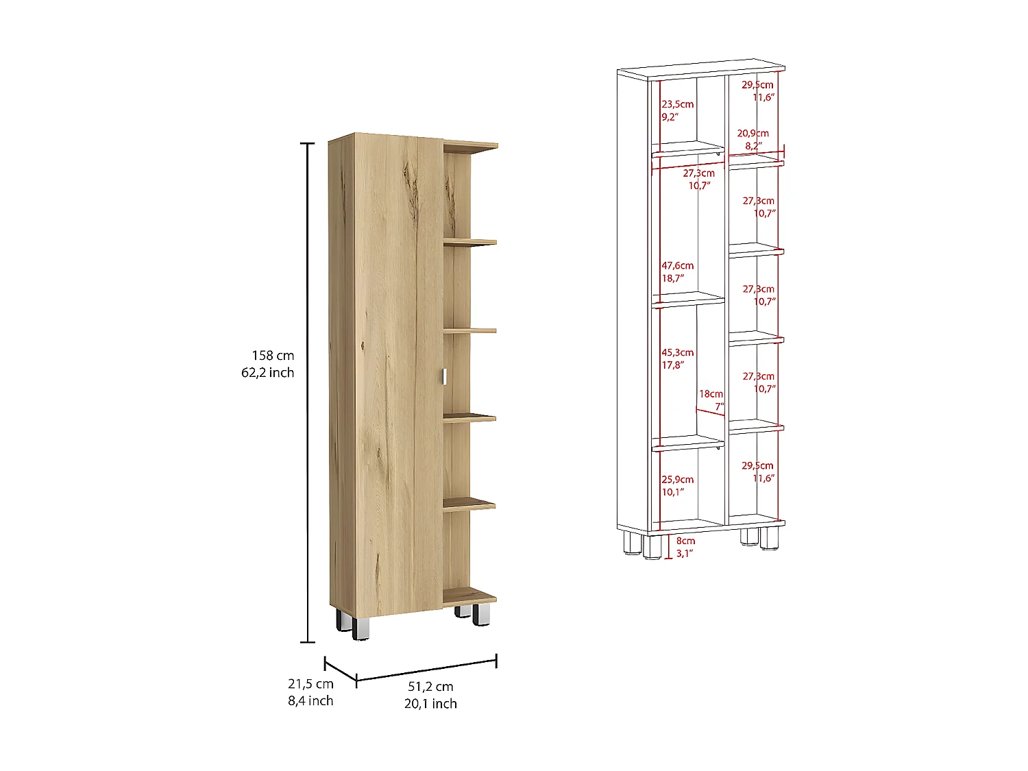 Columna de baño urano en Melamina, con cinco estantes externos y cuatro estantes internos , 158 cm  X 51.18 cm  X 21.46 cm  , Gris / plata