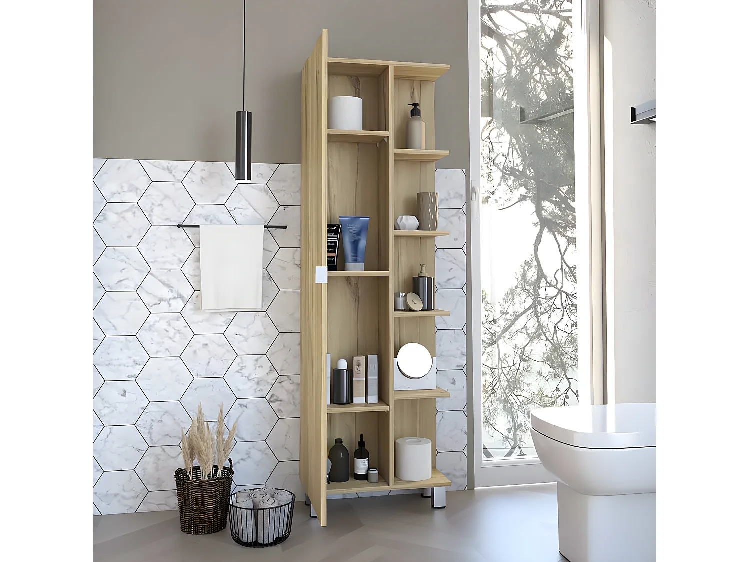 Columna de baño urano en Melamina, con cinco estantes externos y cuatro estantes internos , 158 cm  X 51.18 cm  X 21.46 cm  , Gris / plata