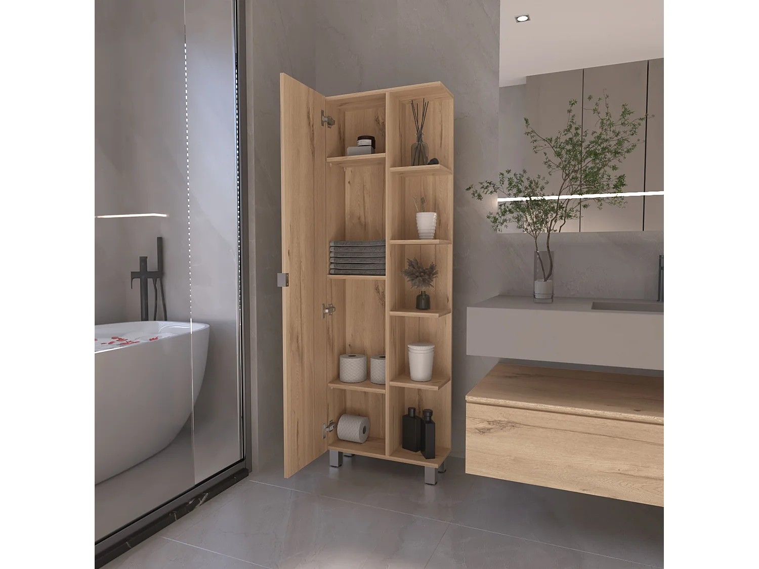 Columna de baño urano en Melamina, con cinco estantes externos y cuatro estantes internos , 158 cm  X 51.18 cm  X 21.46 cm  , Gris / plata