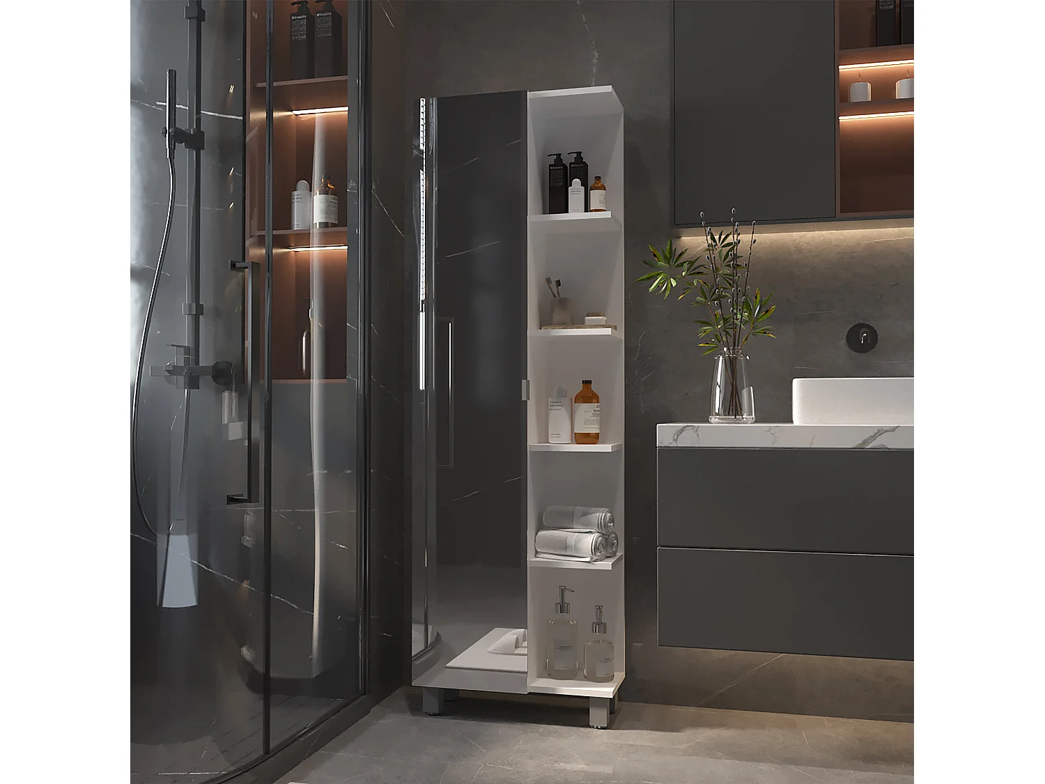 Colonna bagno multifunzione Urano in melamina, con specchio, 157.98 cm X 51.18 cm X 21.79 cm , Bianco