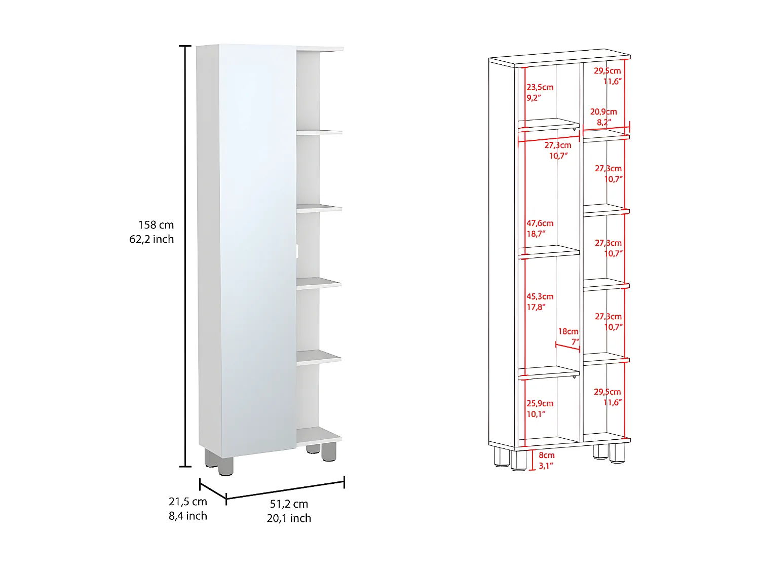 Colonna bagno multifunzione Urano in melamina, con specchio, 157.98 cm X 51.18 cm X 21.79 cm , Bianco