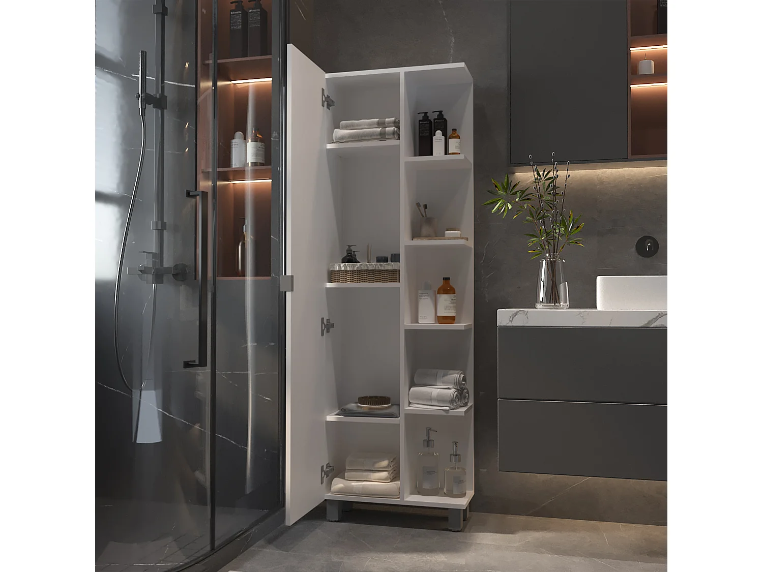 Colonna bagno multifunzione Urano in melamina, con specchio, 157.98 cm X 51.18 cm X 21.79 cm , Bianco