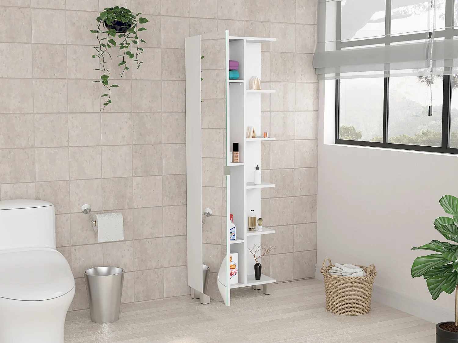 Colonne de salle de bain multifonctionnelle Urano en mélamine, avec miroir, 157.98 cm X 51.18 cm X 21.79 cm , Blanc