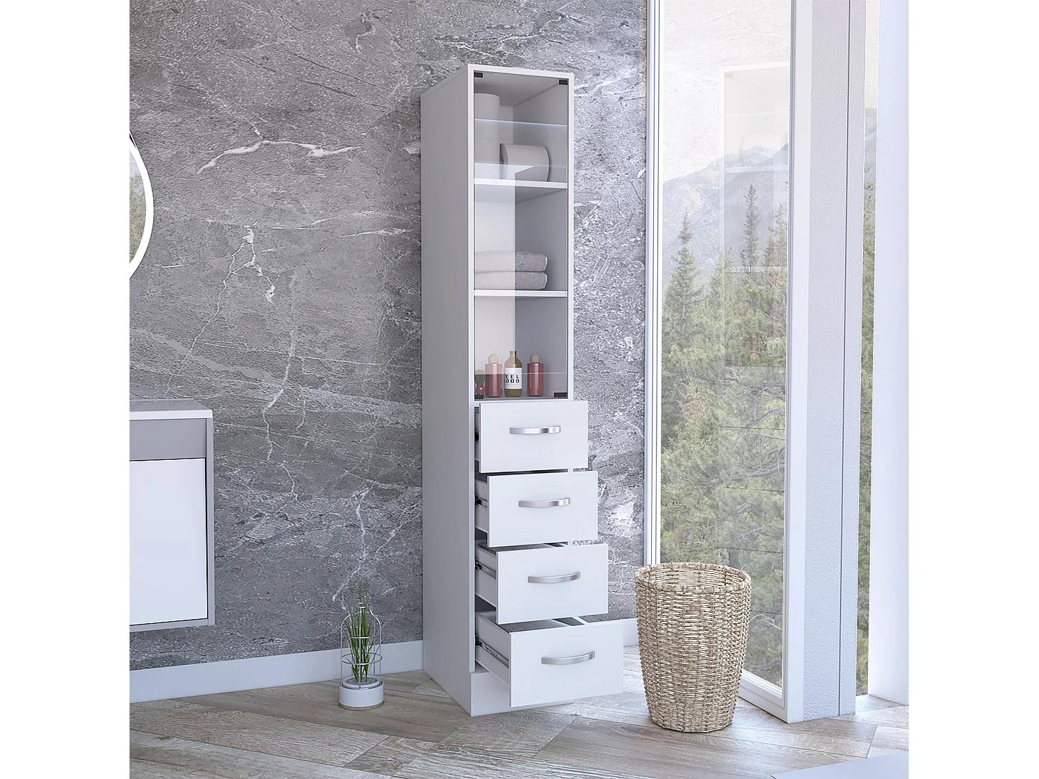 Colonna bagno Vanguard in melaminico, con cassetti a binario in metallo , 173.45 cm X 30.40 cm X 44.60 cm , Bianco