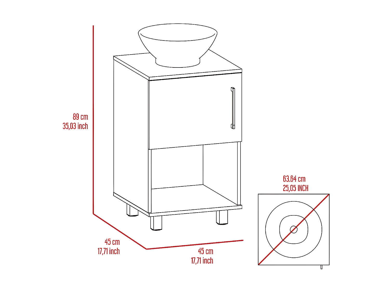Meuble sous-lavabo Gouda en mélamine avec rangement et lavabo en céramique, 88.97 cm X 44.98 cm X 44.98 cm, Blanc