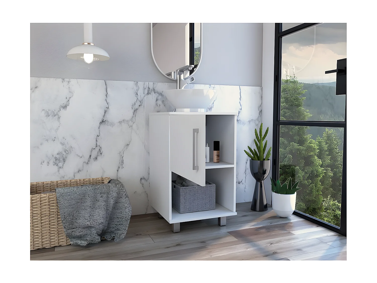 Meuble sous-lavabo Gouda en mélamine avec rangement et lavabo en céramique, 88.97 cm X 44.98 cm X 44.98 cm, Blanc