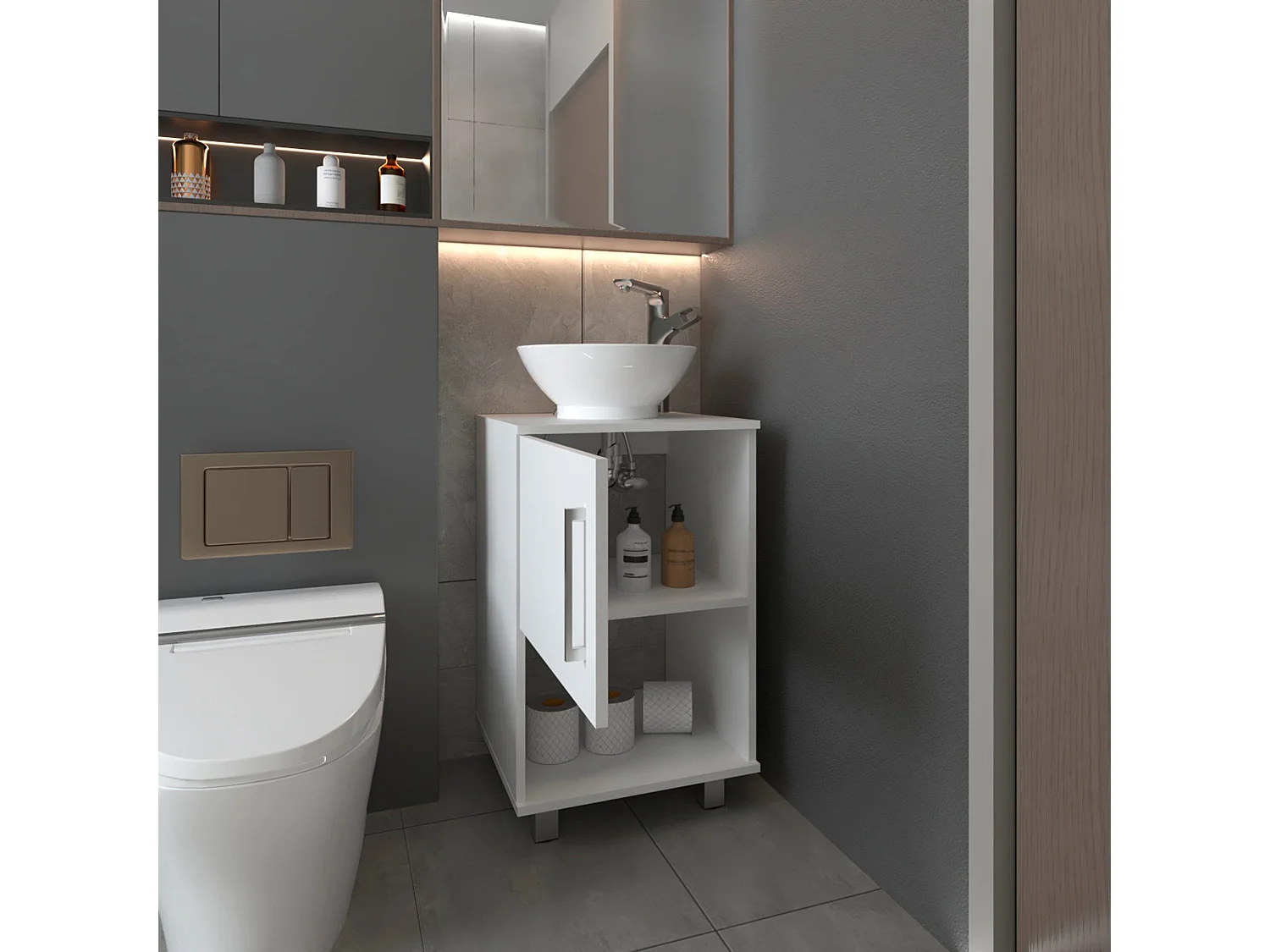 Meuble sous-lavabo Gouda en mélamine avec rangement et lavabo en céramique, 88.97 cm X 44.98 cm X 44.98 cm, Blanc