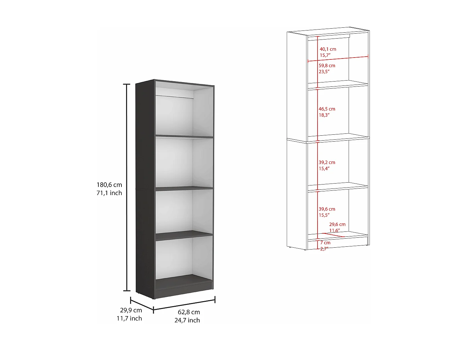 Estante para escritório em casa em melamina com 4 prateleiras abertas , 180.59 cm X 62.73 cm X 29.71 cm , Multicolor