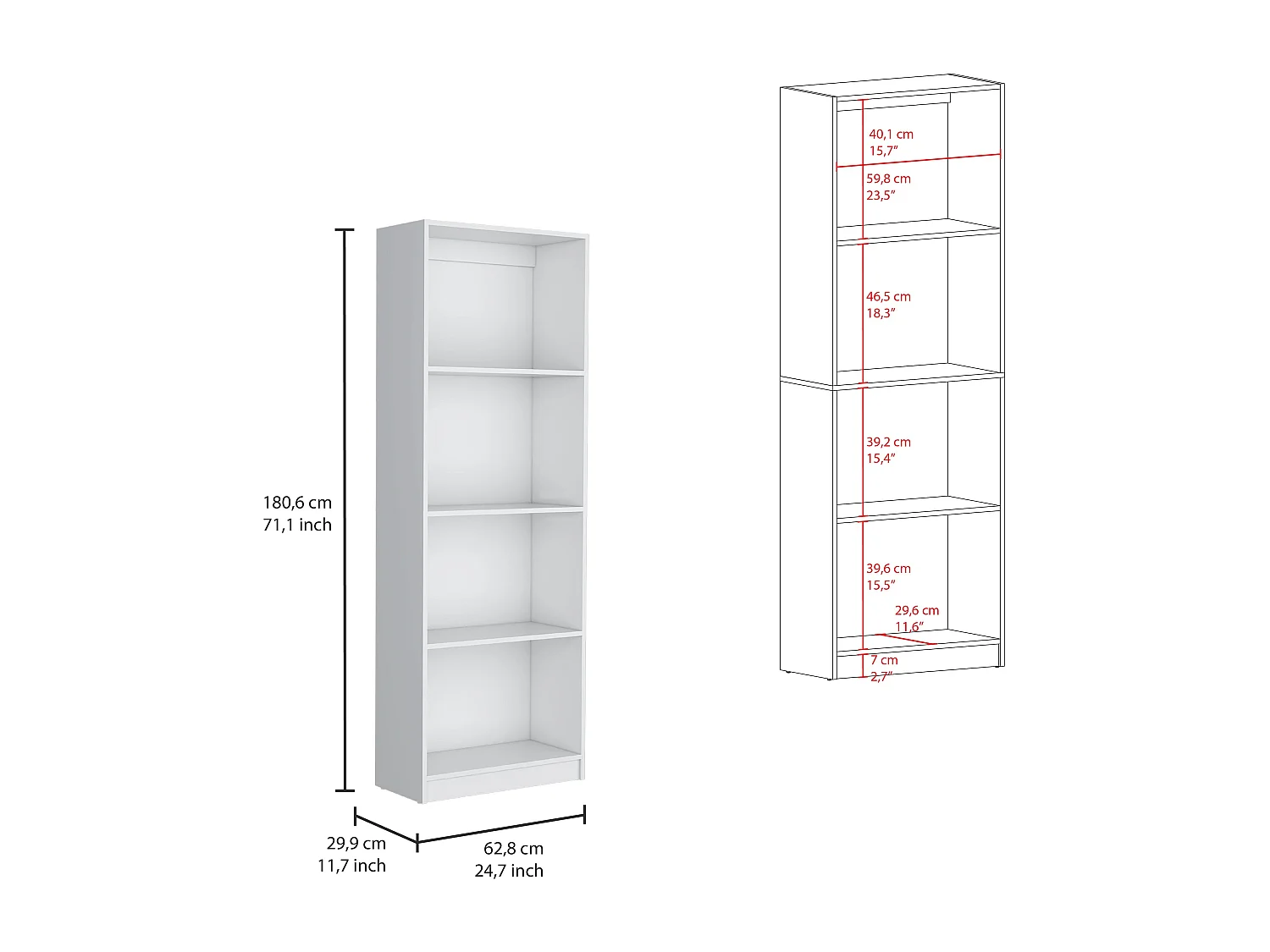 Libreria Home Office in melaminico con 4 ripiani a giorno, 180.60 cm X 62.73 cm X 29.71 cm , Bianco