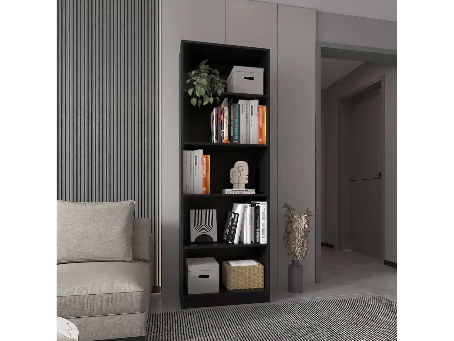 Home Straight Libreria in melamina a 5 ripiani, 180.59 cm X 62.73 cm X 29.71 cm , Nero