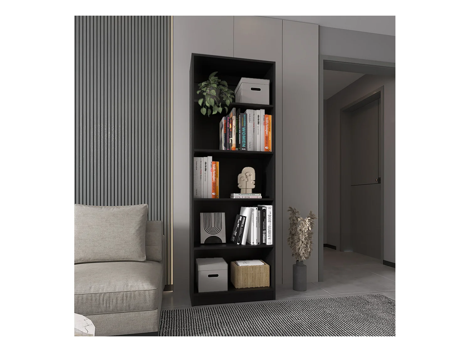 Home Straight Bibliothèque en mélamine avec 5 étagères, 180.59 cm X 62.73 cm X 29.71 cm , Noir