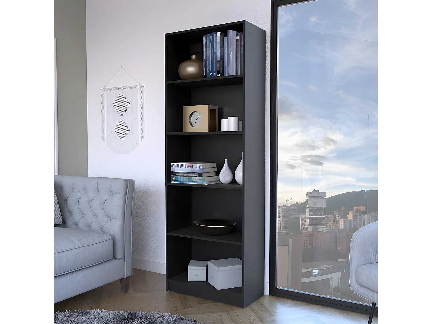 Home Straight Bibliothèque en mélamine avec 5 étagères, 180.59 cm X 62.73 cm X 29.71 cm , Noir