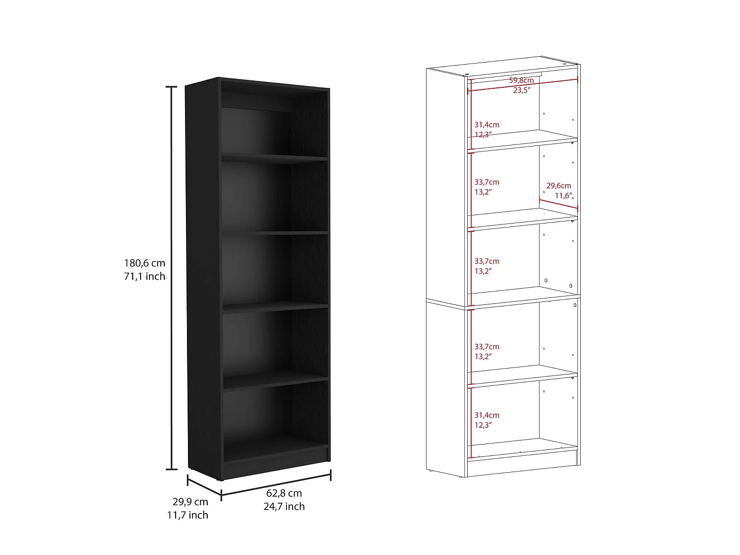 Estanteria Recta 4R Home en Melamina con 5 estantes , 180.59 cm  X 62.73 cm  X 29.71 cm  , Negro