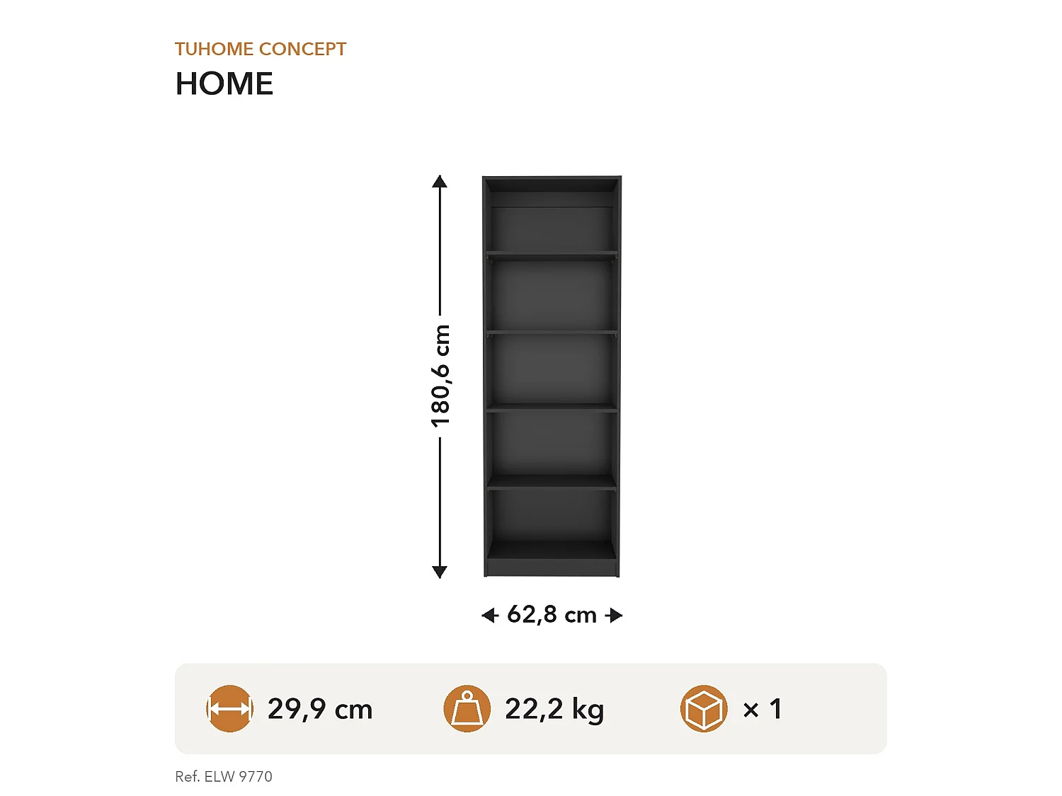 Estanteria Recta 4R Home en Melamina con 5 estantes , 180.59 cm  X 62.73 cm  X 29.71 cm  , Negro