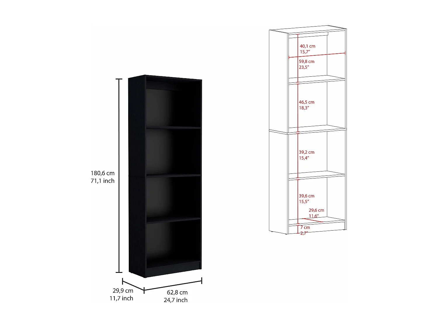 Estante para escritório em casa em melamina com 4 prateleiras abertas, 180.59 cm X 62.73 cm X 29.71 cm , Preto