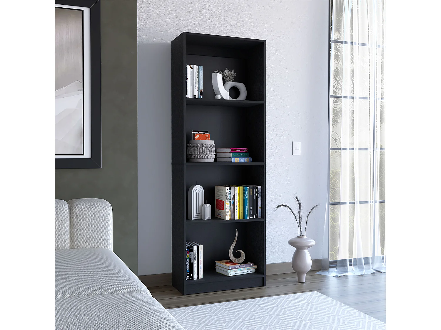 Estante para escritório em casa em melamina com 4 prateleiras abertas, 180.59 cm X 62.73 cm X 29.71 cm , Preto