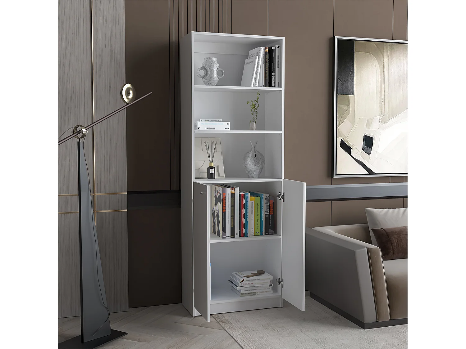 Libreria dritta in melaminico Home con 2 ante e 3 ripiani , 180.59 cm X 62.78 cm X 29.89 cm , Bianco