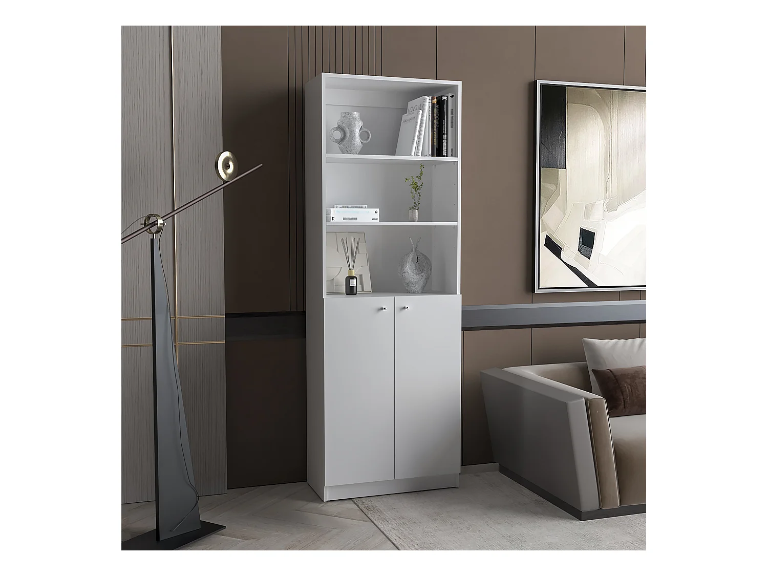 Estante reta de melamina Home com 2 portas e 3 prateleiras , 180.59 cm X 62.78 cm X 29.89 cm , Branco