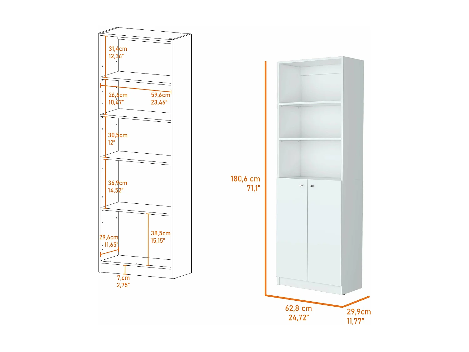 Estanteria Recta Home en Melamina con 2 puertas y 3 estantes , 180.59 cm  X 62.78 cm  X 29.89 cm  , Blanco