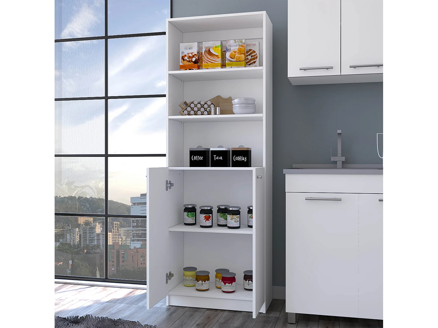 Estanteria Recta Home en Melamina con 2 puertas y 3 estantes , 180.59 cm  X 62.78 cm  X 29.89 cm  , Blanco