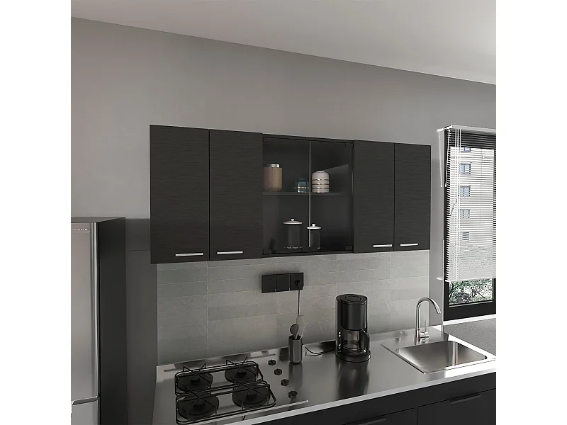 Pensile da cucina con vetro 150 in melaminico, a più ante , 59.99 cm X 149.98 cm X 31.49 cm , Nero