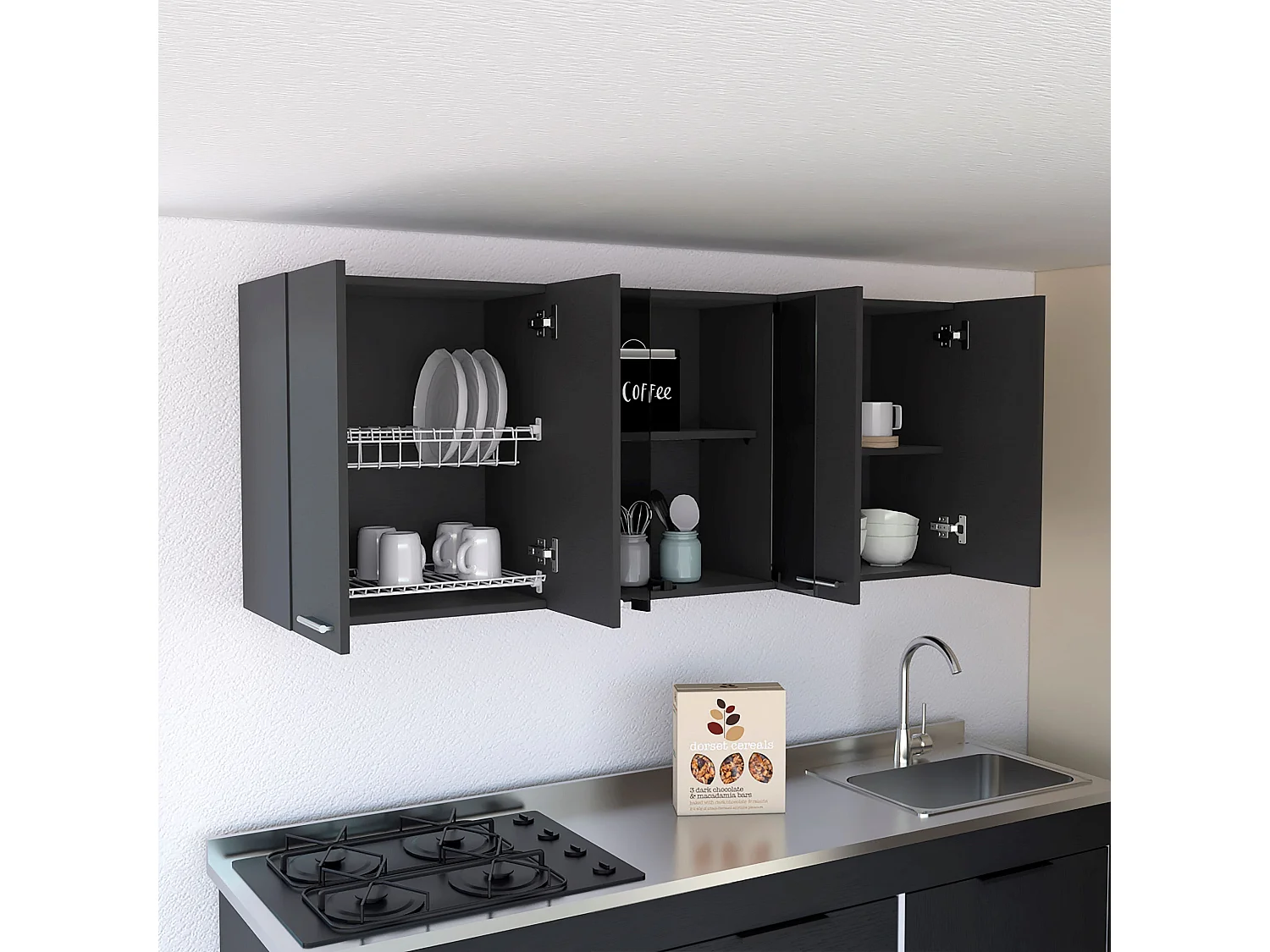 Pensile da cucina con vetro 150 in melaminico, a più ante , 59.99 cm X 149.98 cm X 31.49 cm , Nero
