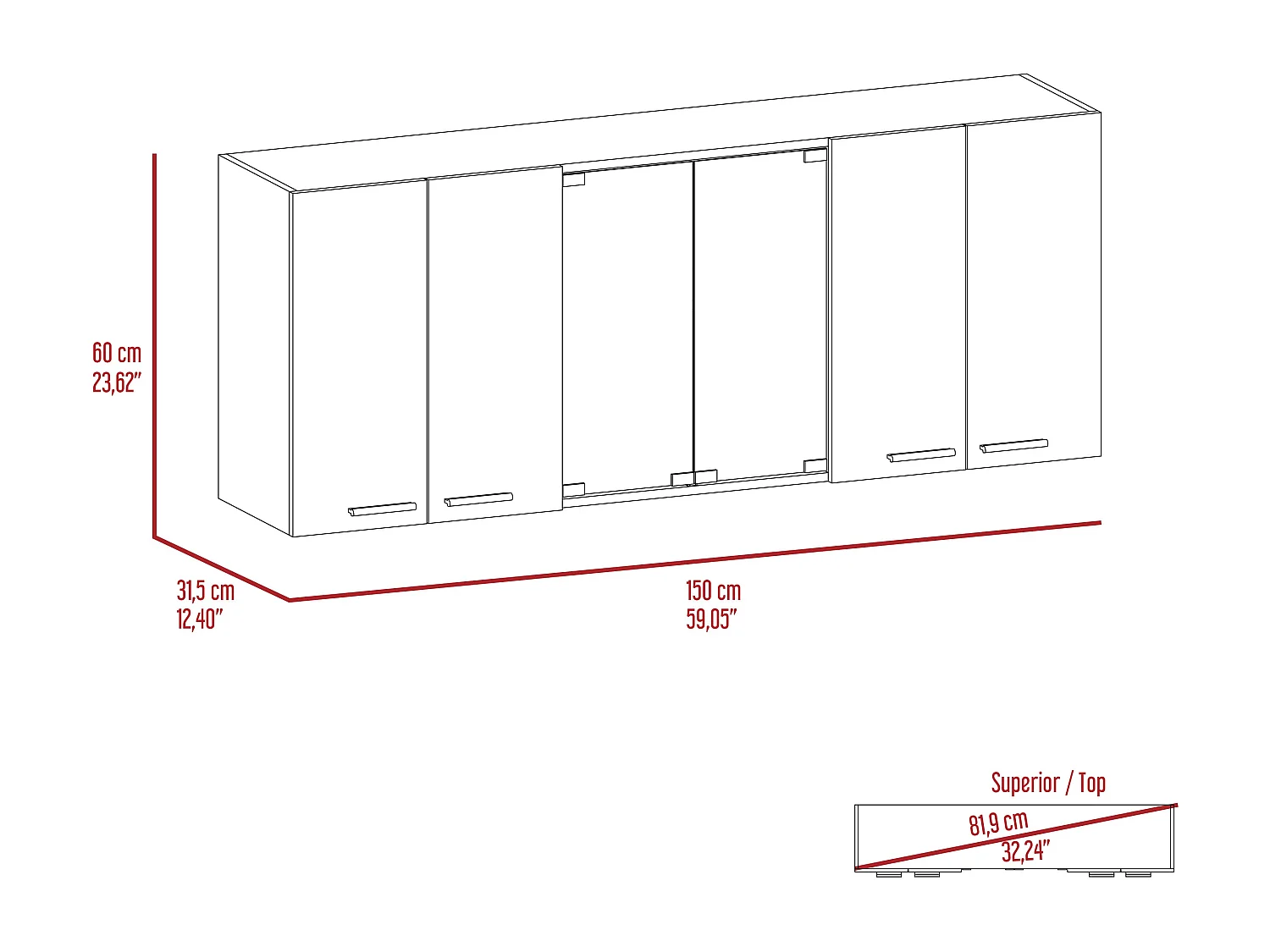 Meuble de cuisine avec verre 150 en mélamine, avec plusieurs portes , 59.99 cm X 149.98 cm X 31.49 cm , Noir