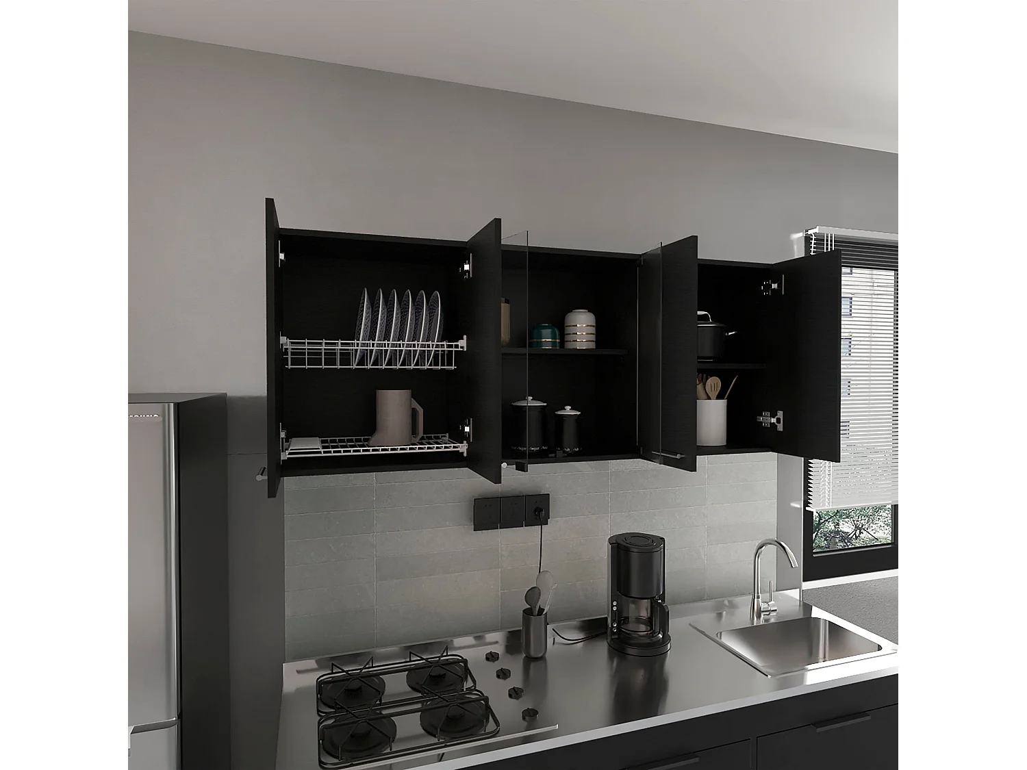 Meuble de cuisine avec verre 150 en mélamine, avec plusieurs portes , 59.99 cm X 149.98 cm X 31.49 cm , Noir