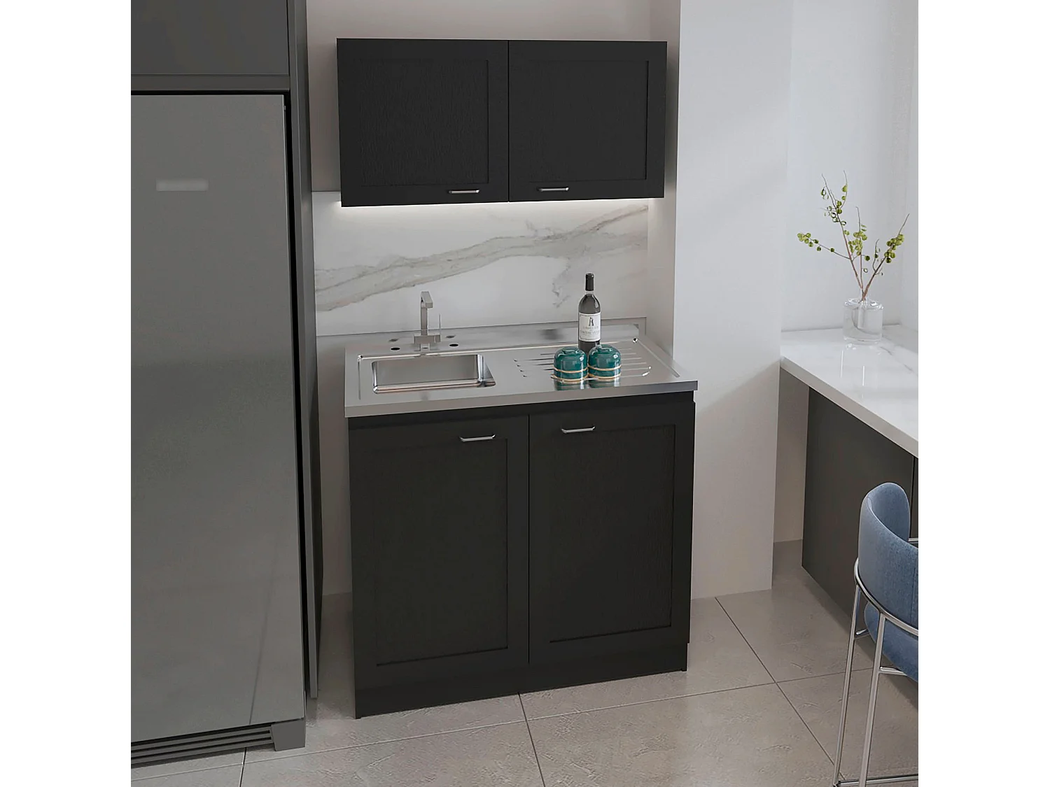 Ensemble armoire de cuisine Zurich en mélamine, avec plan de travail et hotte en acier inoxydable, 32 / 52 cm X 100 cm X 49 / 93.6 cm , Noir