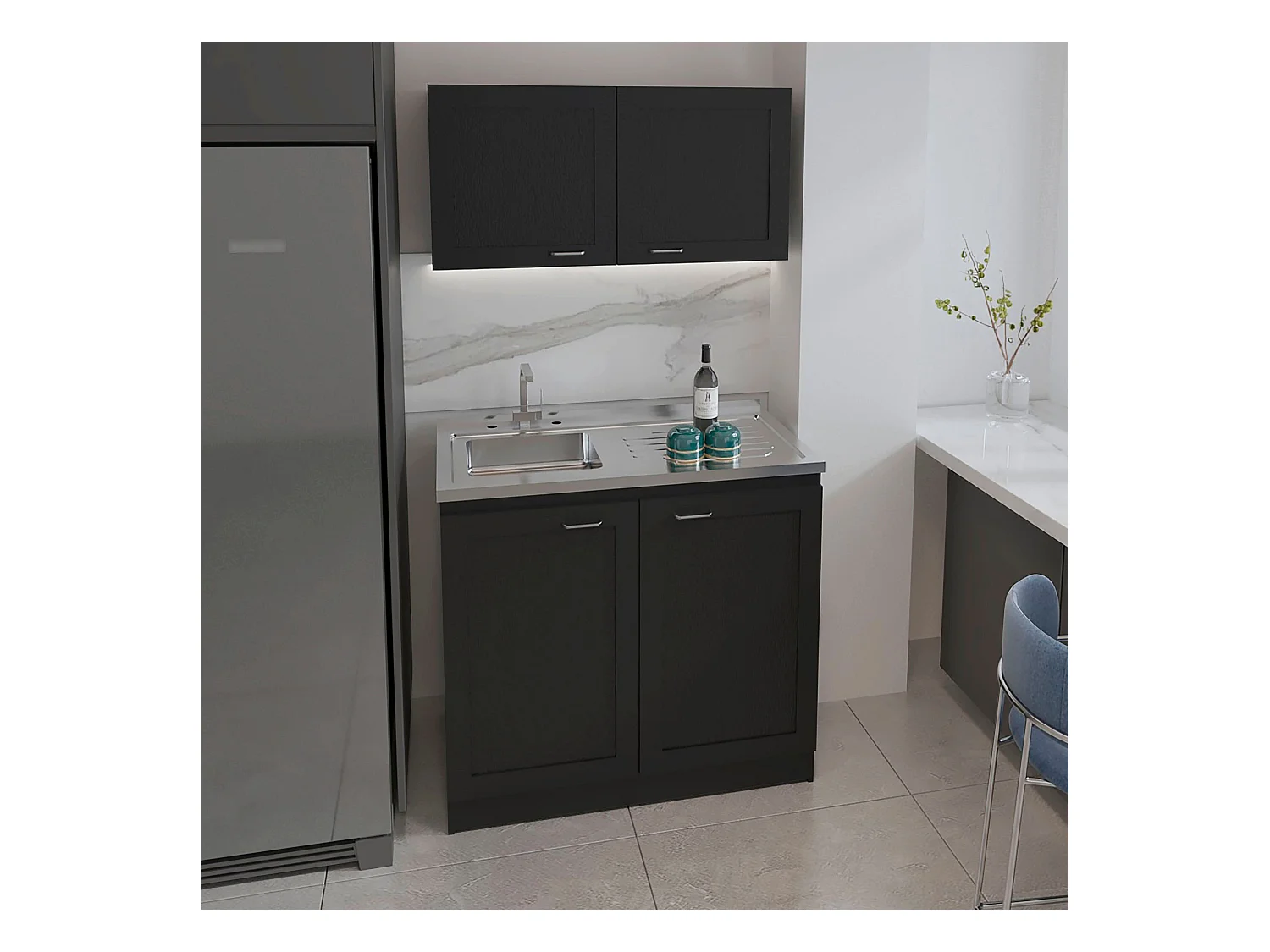Ensemble armoire de cuisine Zurich en mélamine, avec plan de travail et hotte en acier inoxydable, 32 / 52 cm X 100 cm X 49 / 93.6 cm , Noir