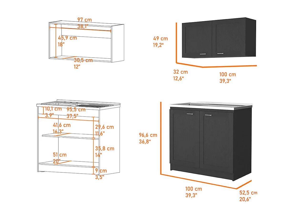 Ensemble armoire de cuisine Zurich en mélamine, avec plan de travail et hotte en acier inoxydable, 32 / 52 cm X 100 cm X 49 / 93.6 cm , Noir