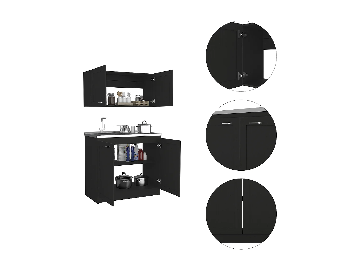 Ensemble armoire de cuisine Zurich en mélamine, avec plan de travail et hotte en acier inoxydable, 32 / 52 cm X 100 cm X 49 / 93.6 cm , Noir