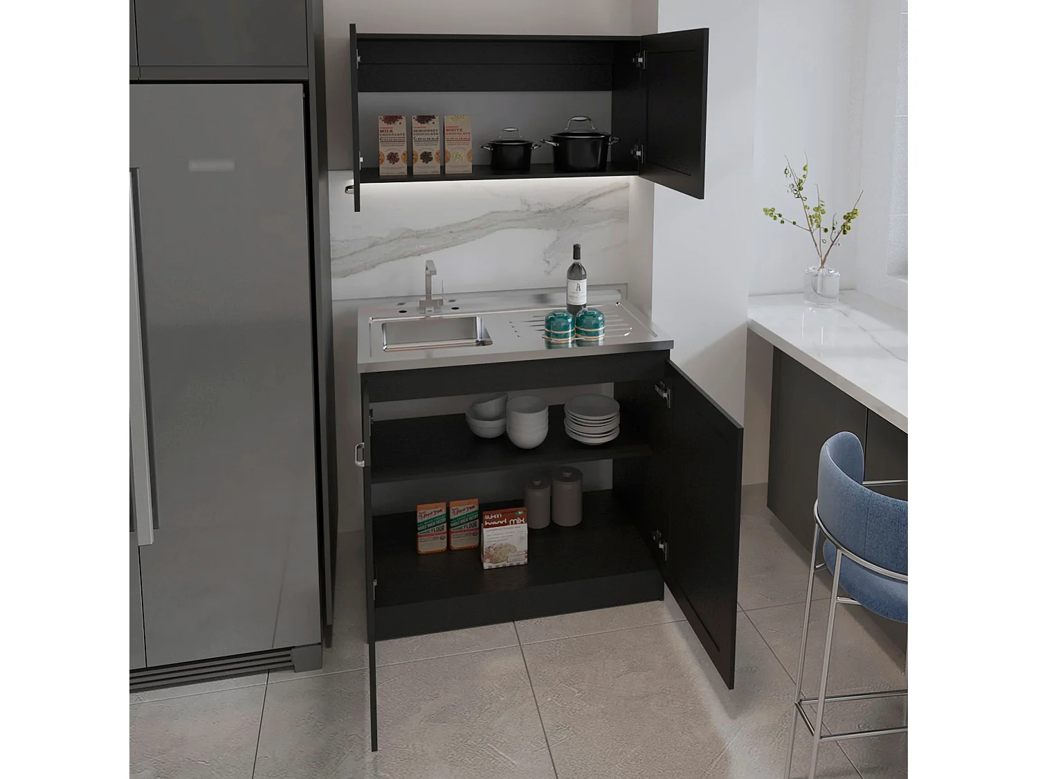 Ensemble armoire de cuisine Zurich en mélamine, avec plan de travail et hotte en acier inoxydable, 32 / 52 cm X 100 cm X 49 / 93.6 cm , Noir