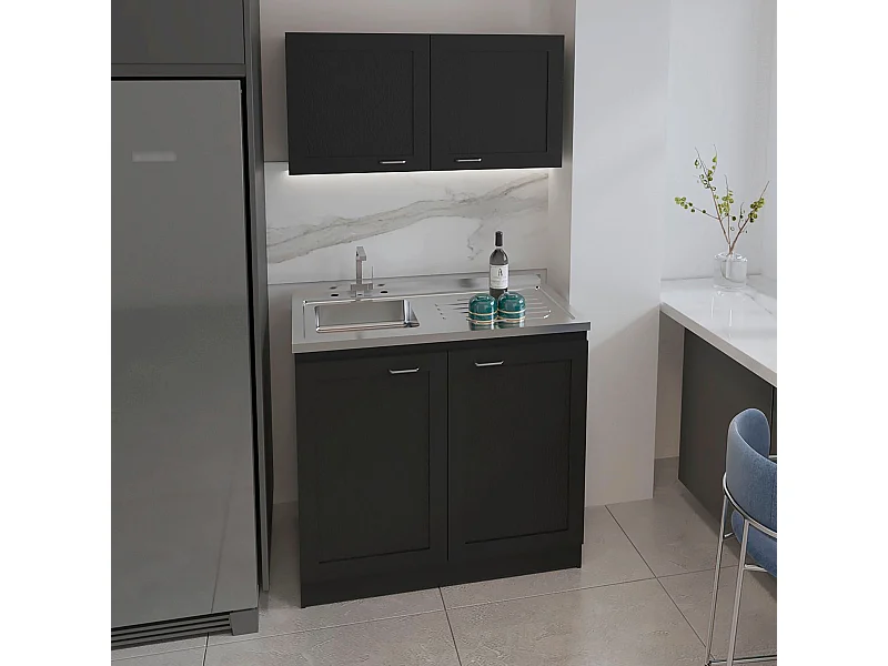 Ensemble armoire de cuisine Zurich en mélamine, avec plan de travail et hotte en acier inoxydable, 32 / 52 cm X 100 cm X 49 / 93.6 cm , Noir