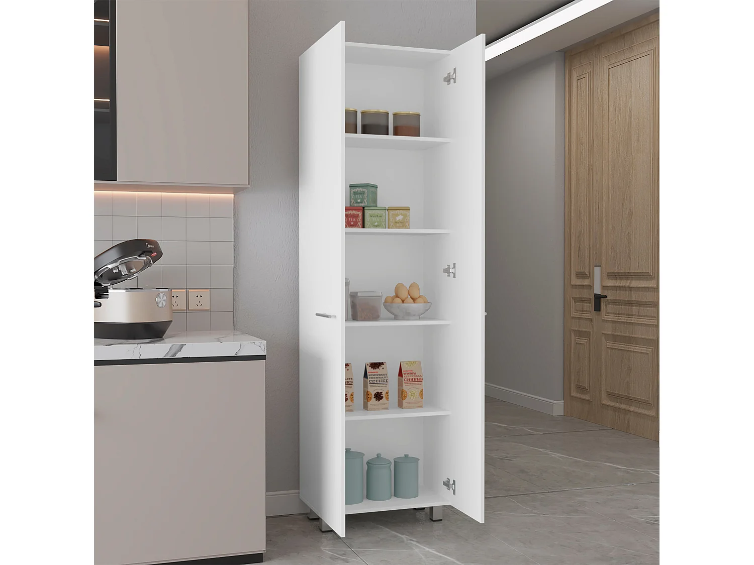 Armoire Baleare en mélamine, avec cinq étagères et deux portes, 199.89 cm X 59.18 cm X 36.83 cm, Blanc