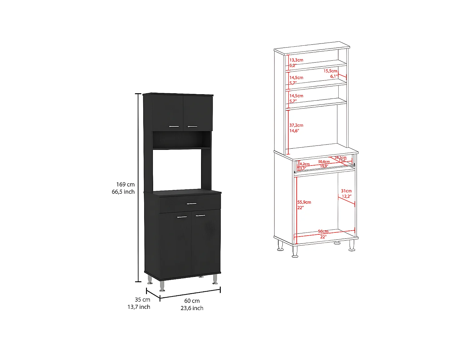 Mobile Della in melaminico, con cassetto con guida in metallo, 168.91 cm X 59.94 cm X 35.30 cm , Nero