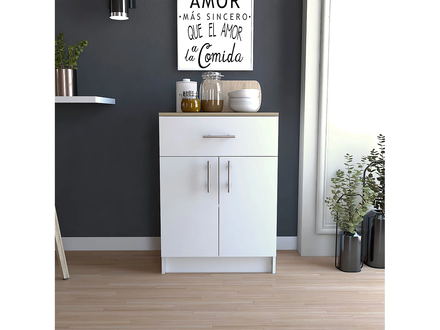 Armoire garde-manger en mélamine, avec tiroir sur rail métallique, 85.09 cm X 59.94 cm X 40.38 cm, Multicolore