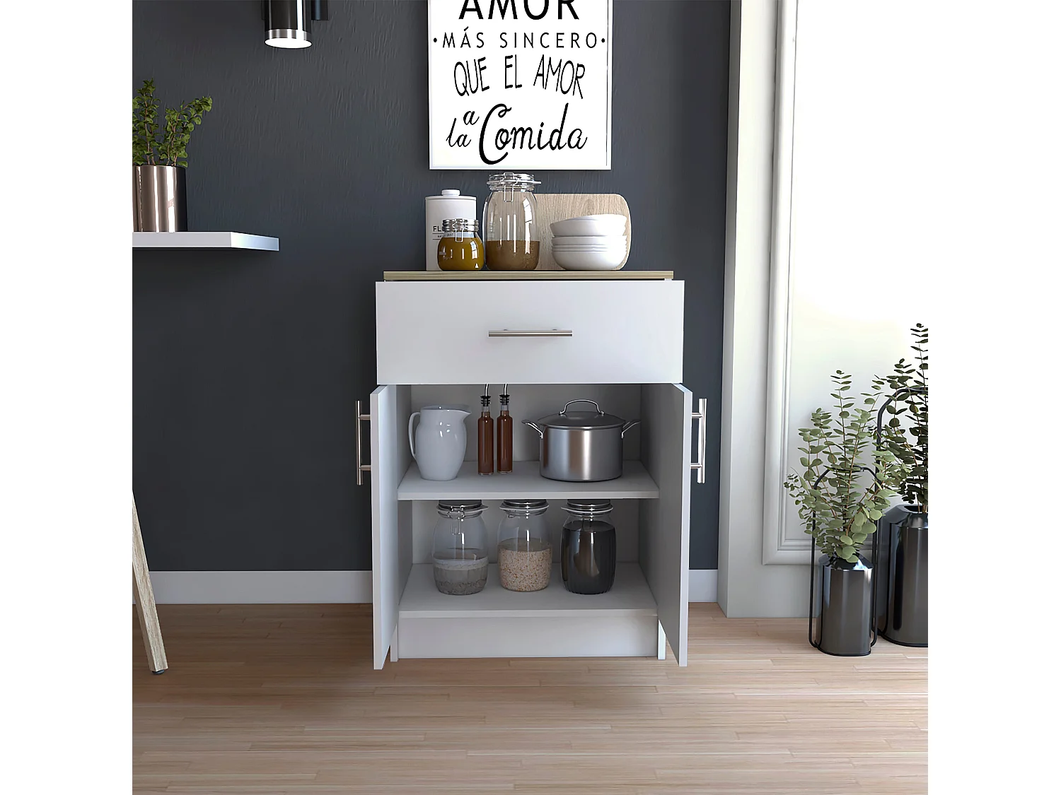 Armoire garde-manger en mélamine, avec tiroir sur rail métallique, 85.09 cm X 59.94 cm X 40.38 cm, Multicolore