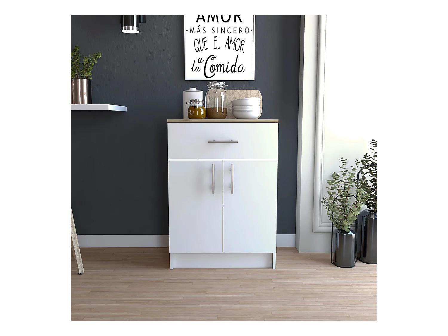 Armoire garde-manger en mélamine, avec tiroir sur rail métallique, 85.09 cm X 59.94 cm X 40.38 cm, Multicolore