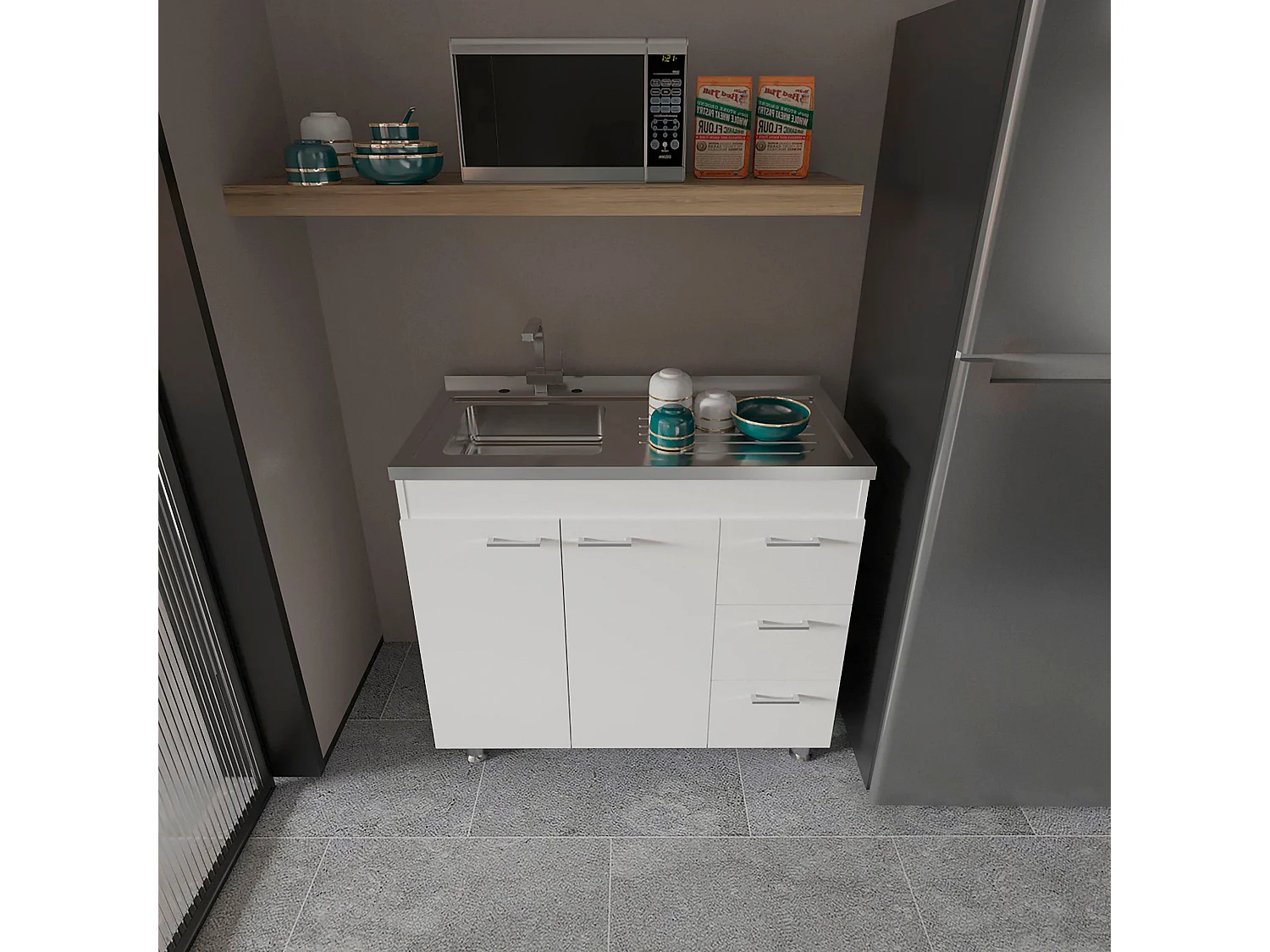 Evier utilitaire Ferreti en mélamine, avec tiroirs sur rail métallique et plan de travail en acier inoxydable , 89.99 cm X 99.99 cm X 52.50 cm , Blanc