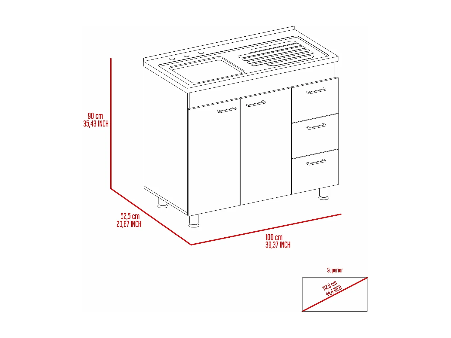 Evier utilitaire Ferreti en mélamine, avec tiroirs sur rail métallique et plan de travail en acier inoxydable , 89.99 cm X 99.99 cm X 52.50 cm , Blanc