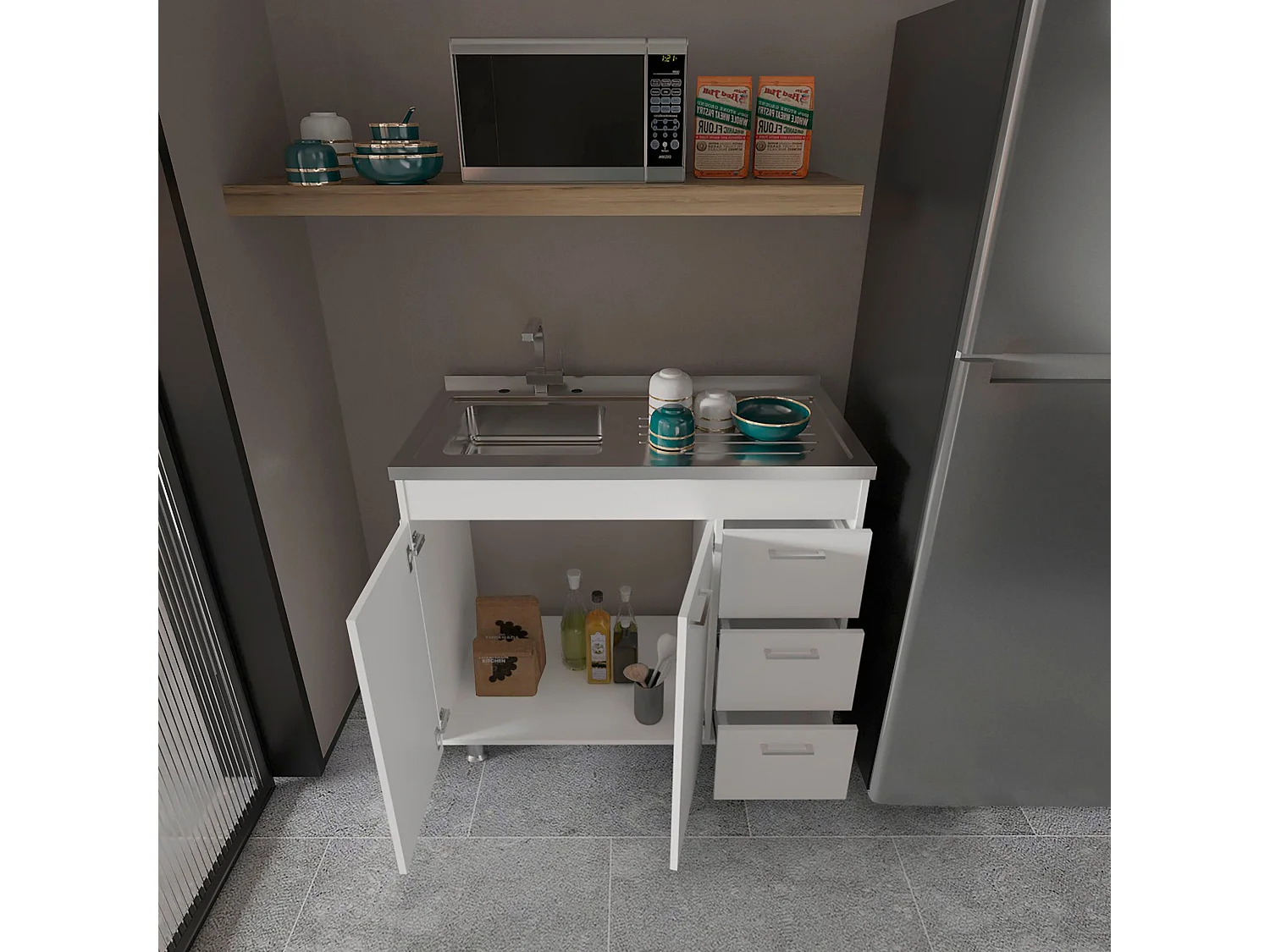 Evier utilitaire Ferreti en mélamine, avec tiroirs sur rail métallique et plan de travail en acier inoxydable , 89.99 cm X 99.99 cm X 52.50 cm , Blanc