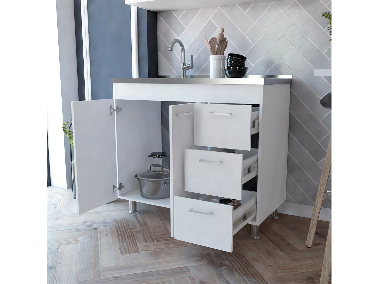 Evier utilitaire Ferreti en mélamine, avec tiroirs sur rail métallique et plan de travail en acier inoxydable , 89.99 cm X 99.99 cm X 52.50 cm , Blanc