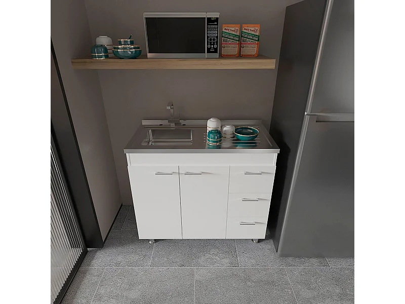 Lavello multiuso Ferreti in melamina, con cassetti a binario metallico e piano di lavoro in acciaio inox , 89.99 cm X 99.99 cm X 52.50 cm , Bianco