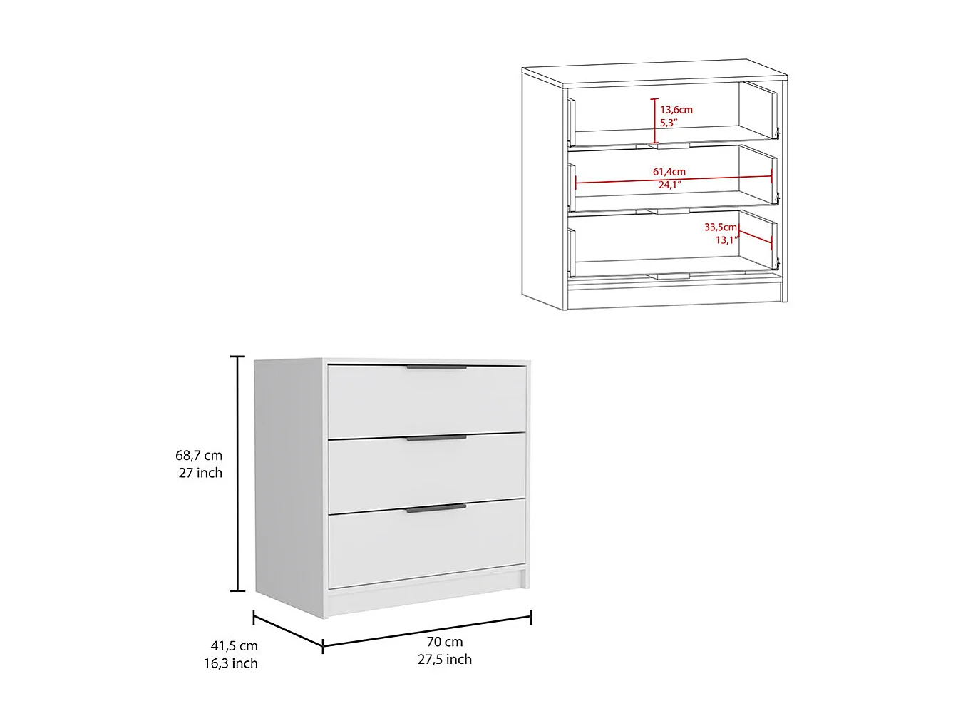 Commode Kaia en mélamine, avec tiroirs à rail métallique, 68.68 cm X 69.85 cm X 41.50 cm , Blanc
